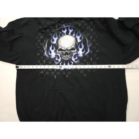 Vintage Y2K Skull Flame Cross Hoodie 2XL Black Goth Emo Grunge Pullover Sweater - Picture 2 of 8